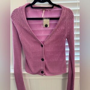 NWT Free People Pink Ribbed Button-Up Sweater